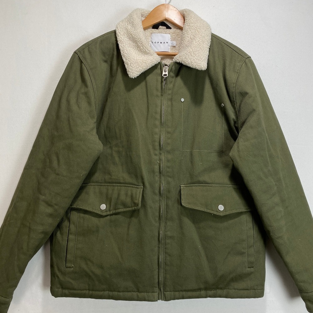 Topman Mens Olive Green Sherpa Lined Canvas Utility Jacket SZ Large heavyweight